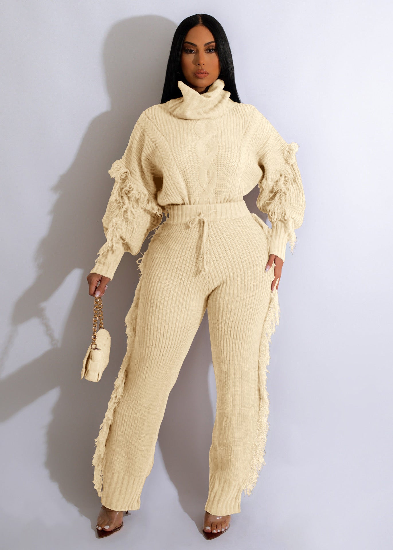 Long Sleeve Turtleneck Tassel Suit