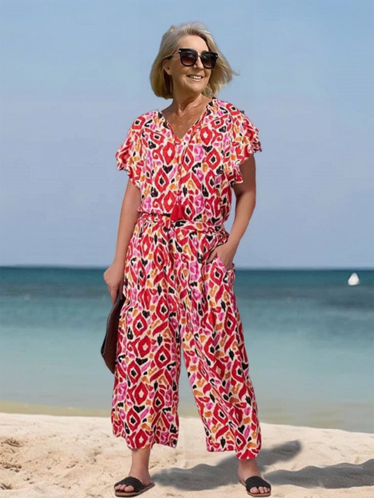 Loose V-neck Printed Jumpsuit