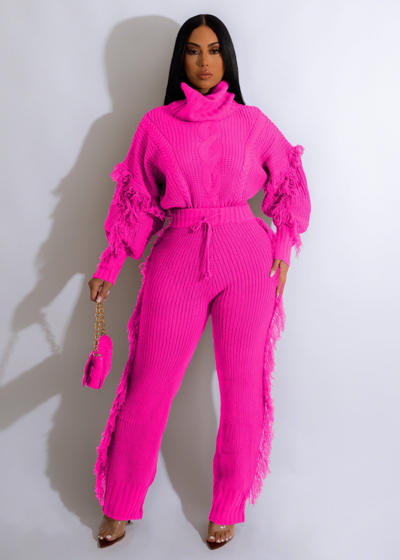 Long Sleeve Turtleneck Tassel Suit