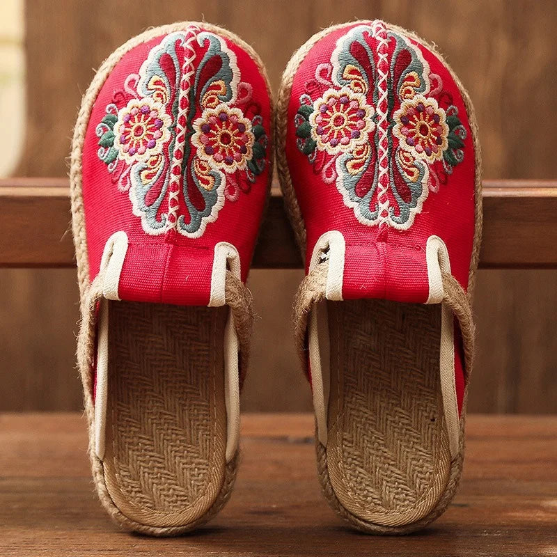 Embroider Handmade Flat Retro Slippers