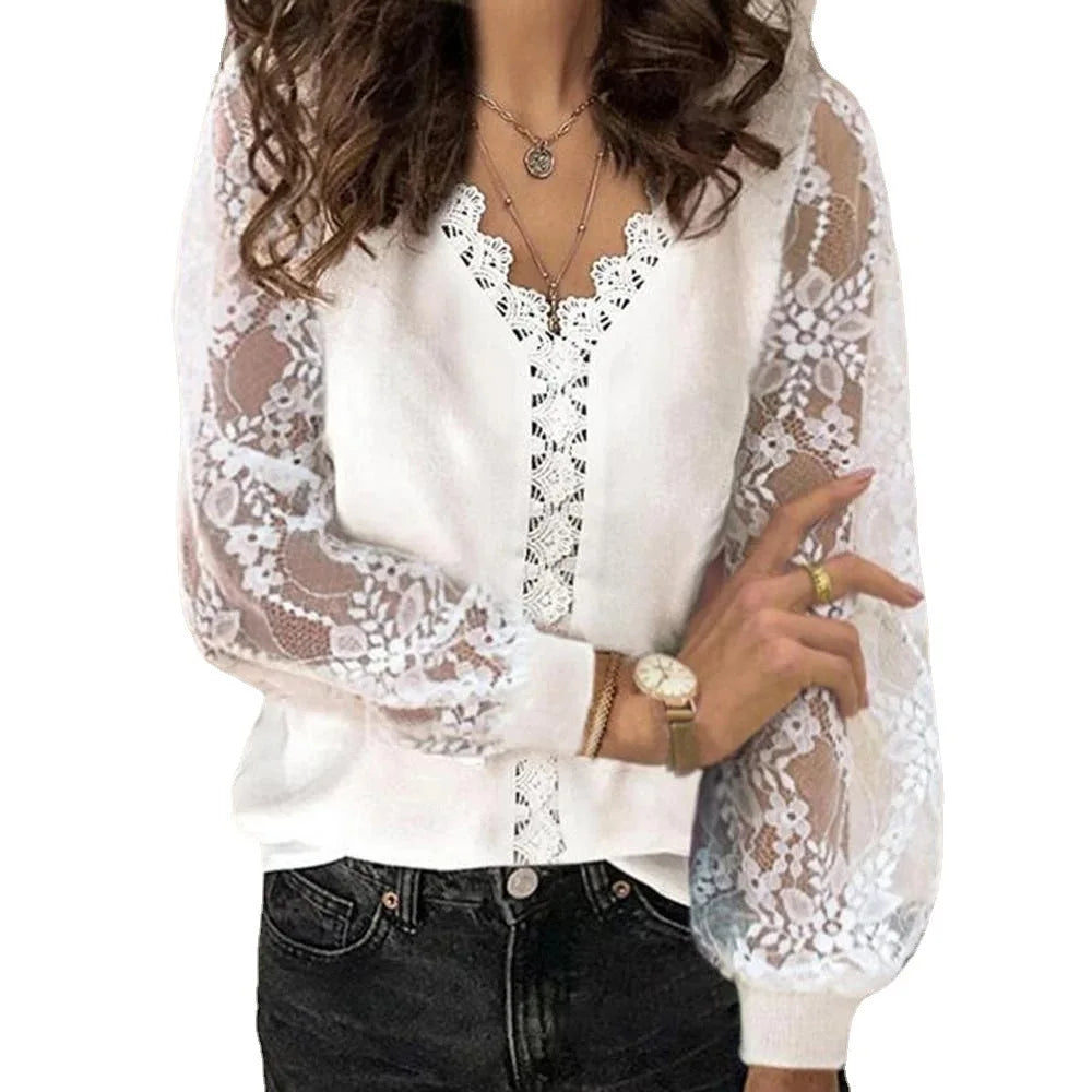 Long Sleeve Lace V Neck Blouse