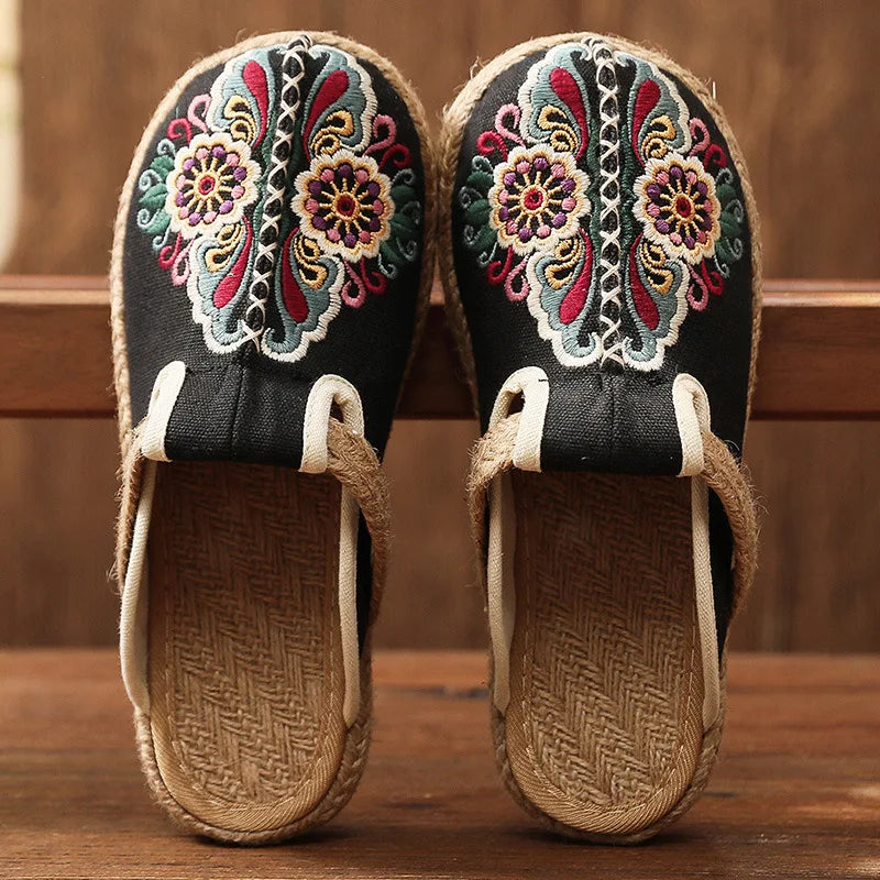 Embroider Handmade Flat Retro Slippers