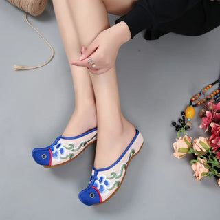 Embroidered  Cotton Fabric Flat Slippers