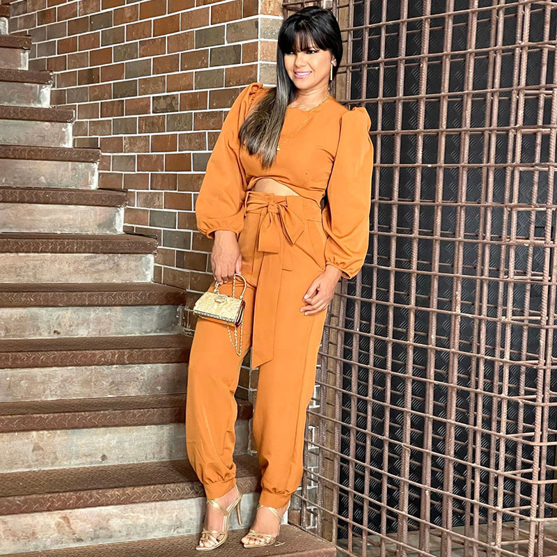 Crew Neck Puff Sleeve Pants Suit