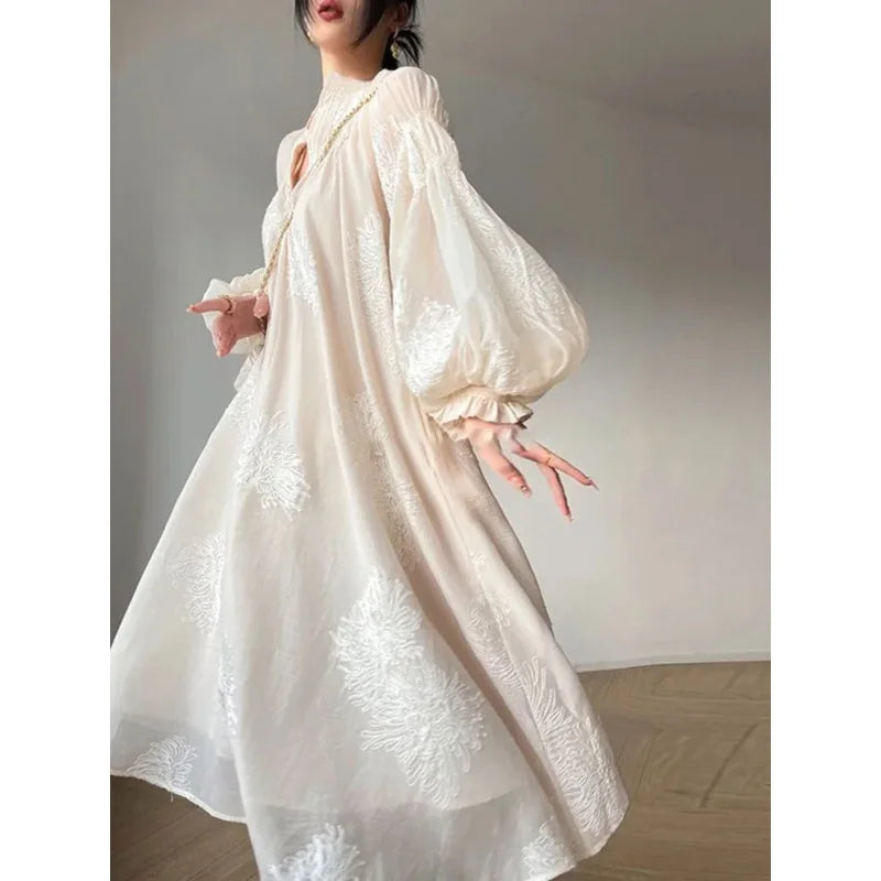 French elegant embroidery flower lantern sleeve midi dress women fashion v neck lace up dresses loose casual holiday vestidos