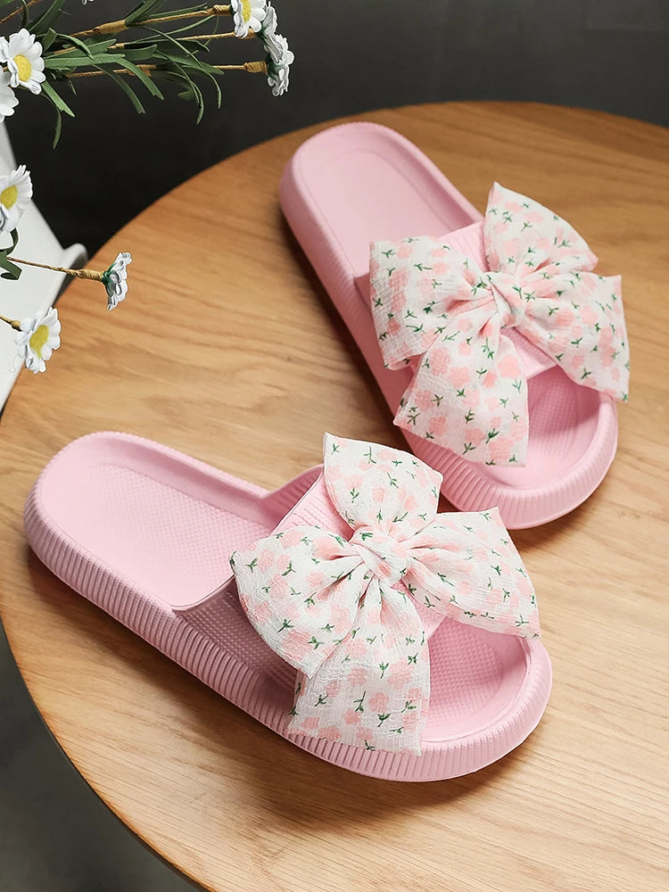 Pink Flower Bow Thick Slippers