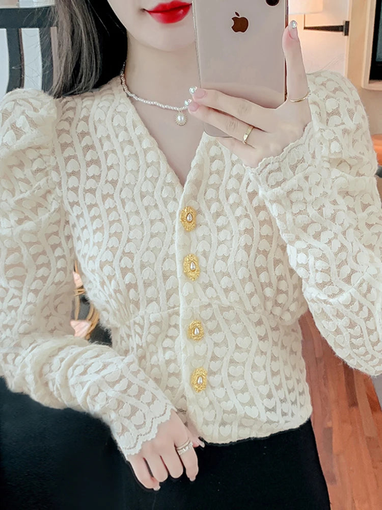 French V-neck Women Lace Shirt Korean Clothing Fashion Office Lady Crochet White Bottoming Solid Long Sleeve Chic