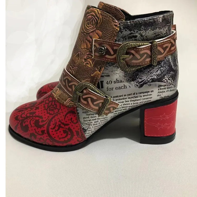 Vintage Splicing Printed Ankle Boots