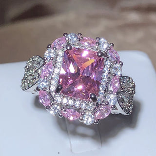 Anillo cuadrado de colección de circonitas rosas brillantes