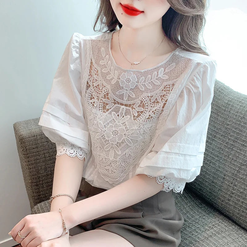 Lace Crochet Puff Sleeve Vintage Blouse