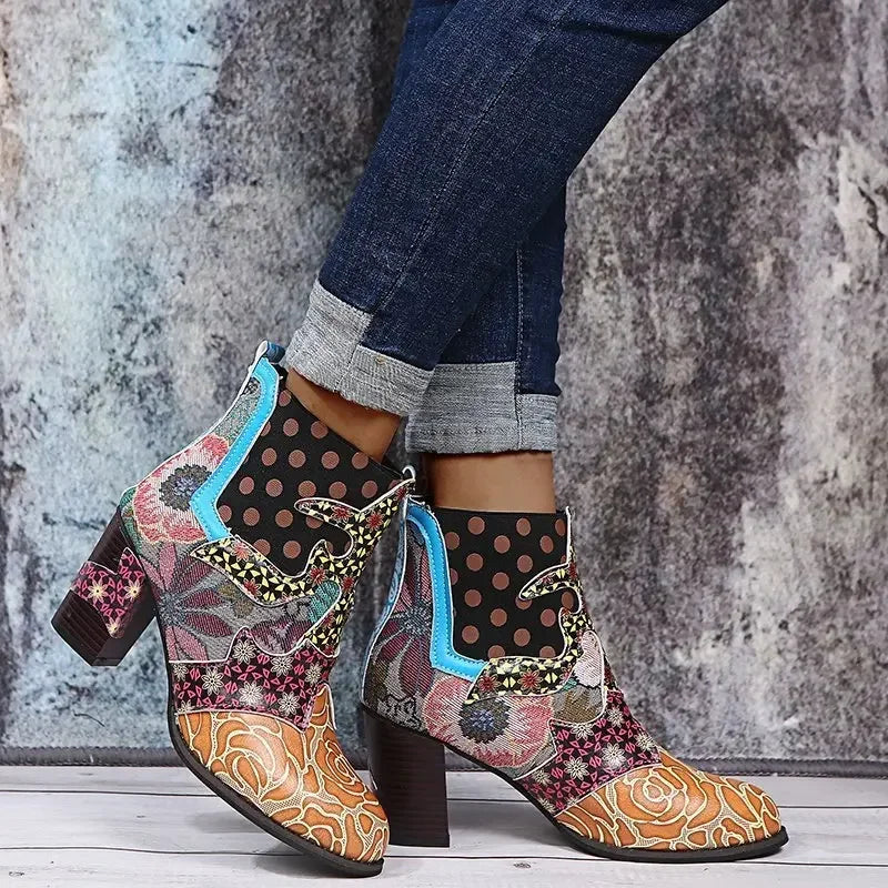 Vintage Printed Leather Ankle Boots