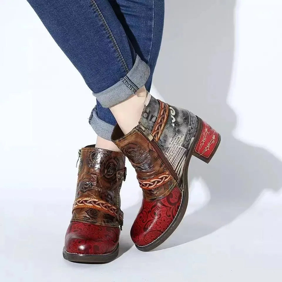 Vintage Splicing Printed Ankle Boots