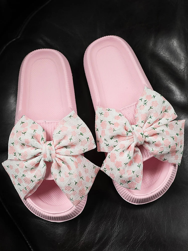 Pink Flower Bow Thick Slippers