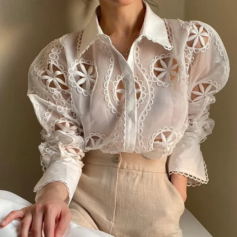 Vintage Embroidery Floral White Blouse