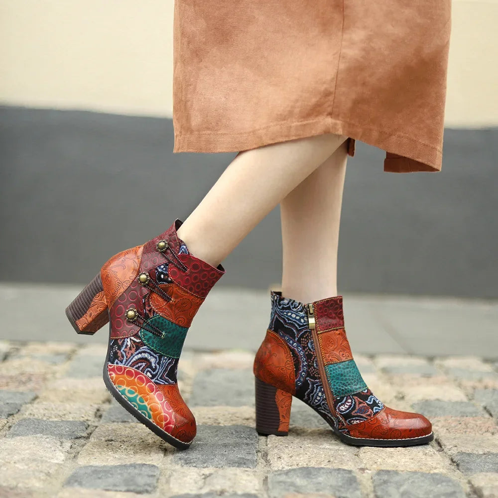 Printed Genuine Leather Ankle Boots