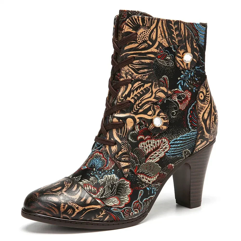 Vintage Printed Cow Leather Ankle Boots