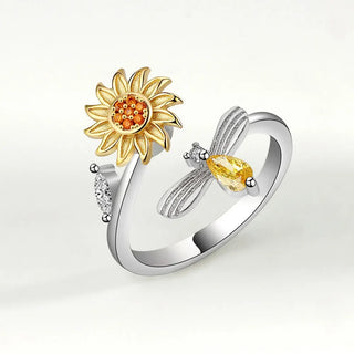 Anillo de diamantes giratorio de lujo con forma de girasol