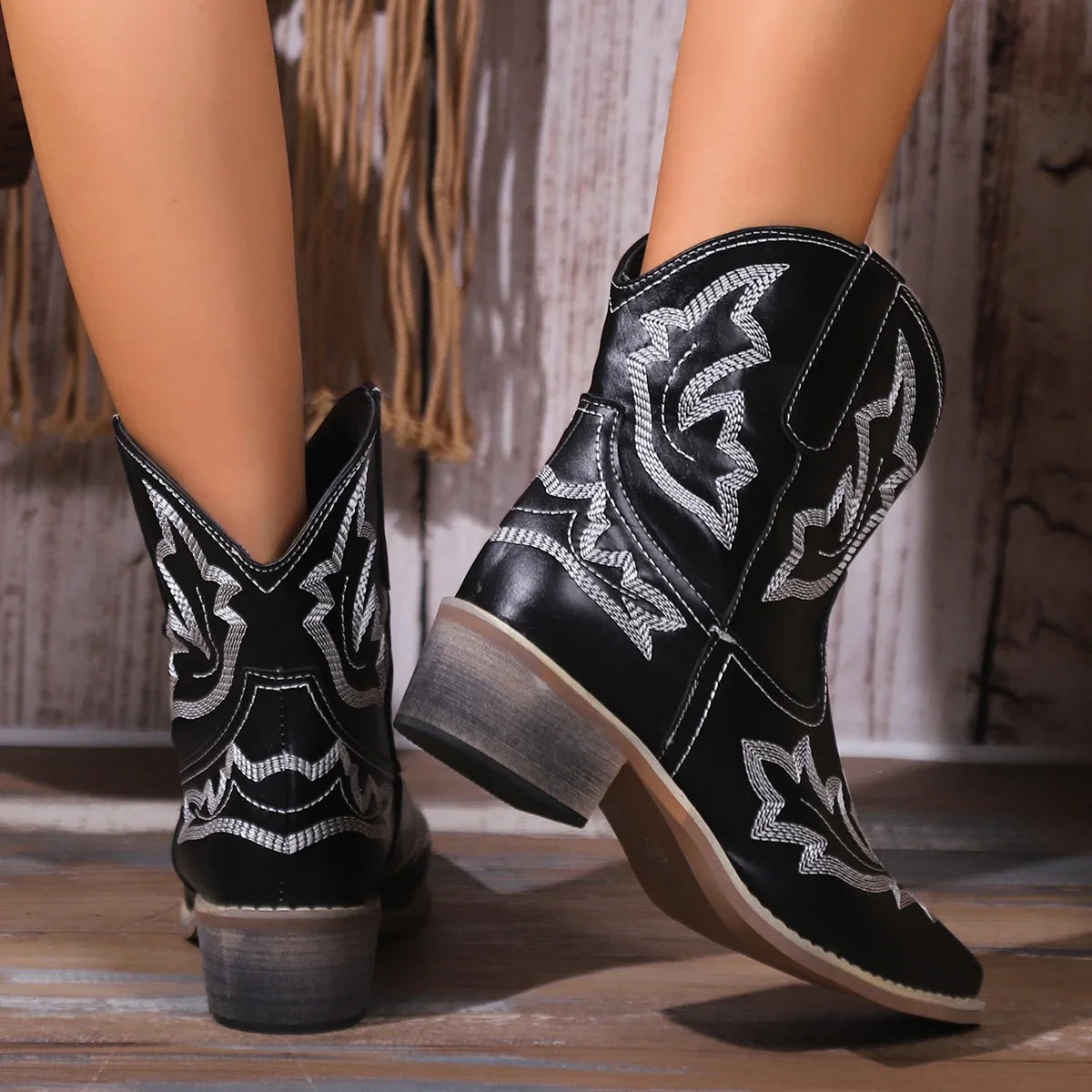 Embroidery Leather Cowboy Ankle Boots