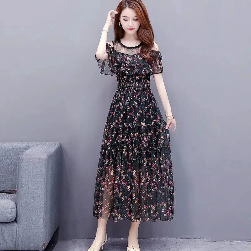 Chiffon Mesh Floral Print Dress