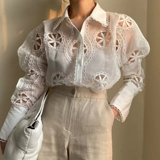 Vintage Embroidery Floral White Blouse