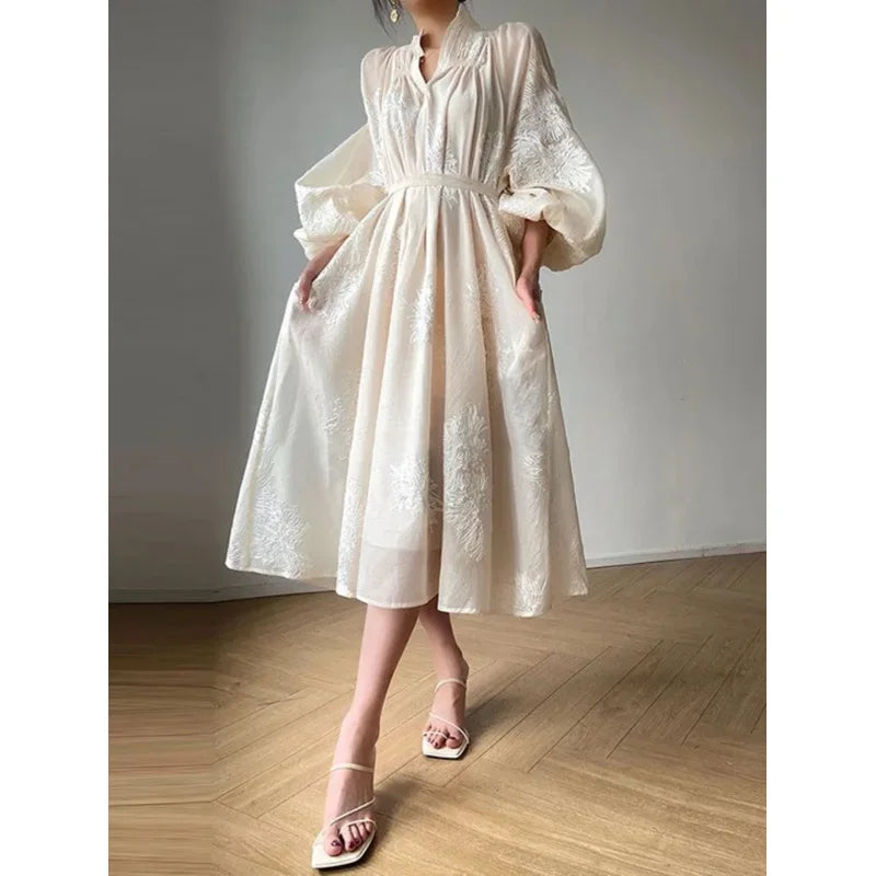 French elegant embroidery flower lantern sleeve midi dress women fashion v neck lace up dresses loose casual holiday vestidos