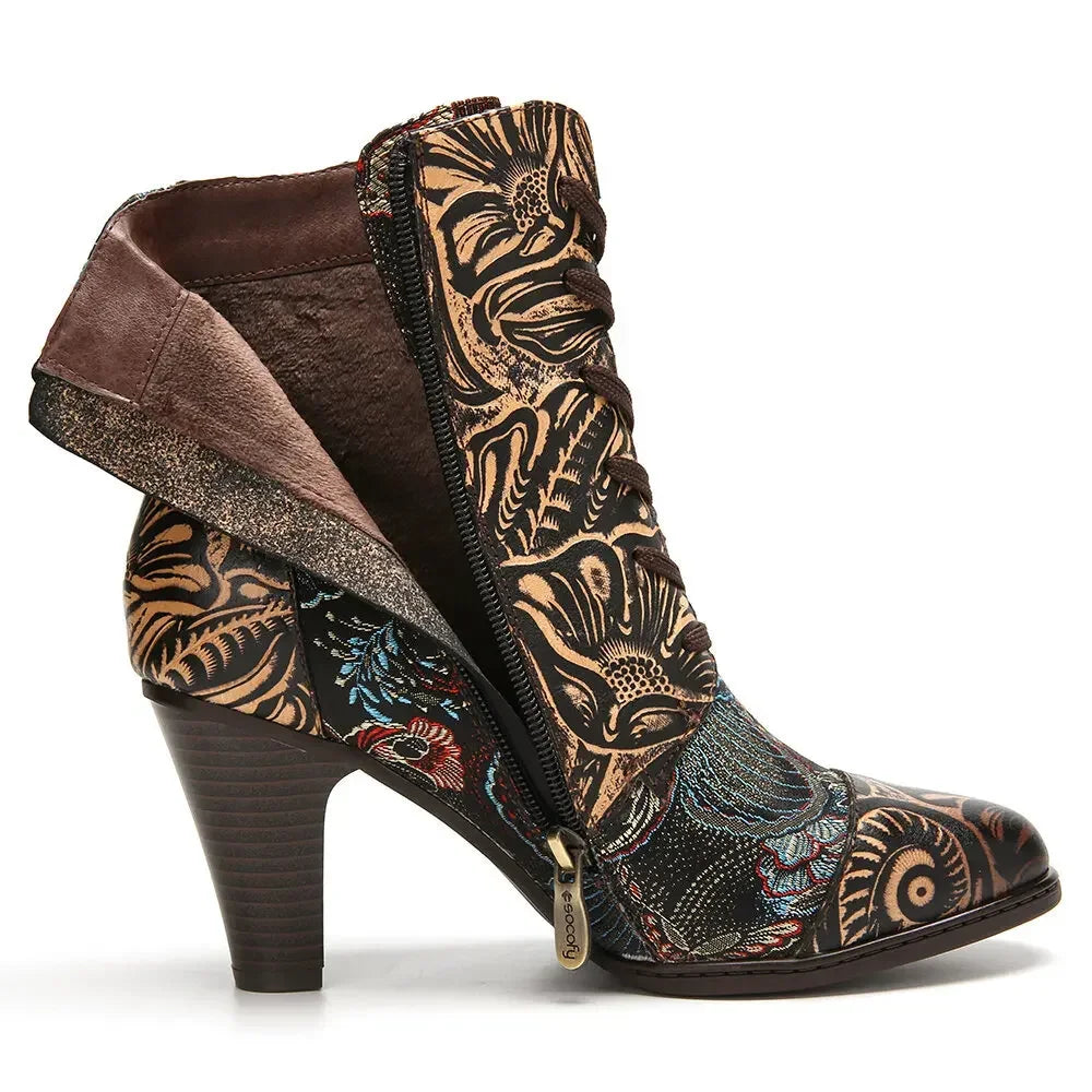 Vintage Printed Cow Leather Ankle Boots