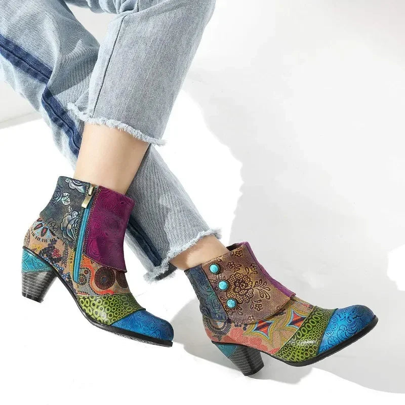 Vintage Printed Leather Ankle Boots