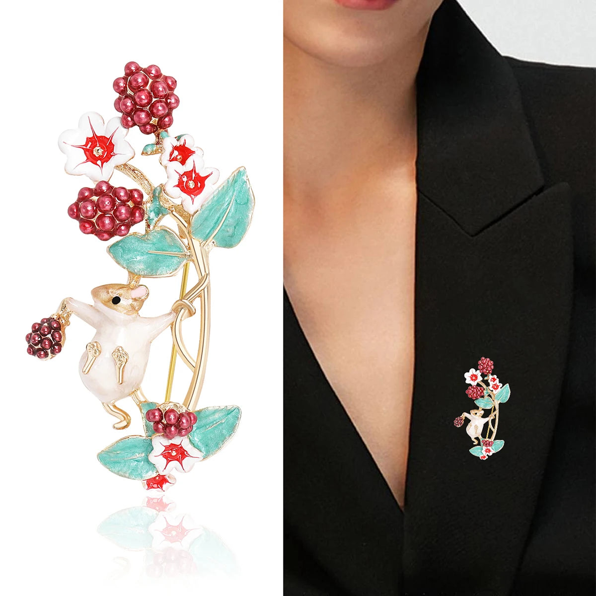 Enamel Grape Flower Squirrel Brooches