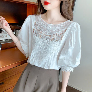 Lace Crochet Puff Sleeve Vintage Blouse