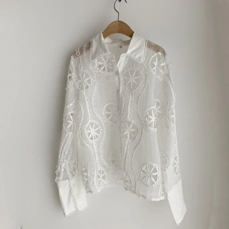 Vintage Embroidery Floral White Blouse