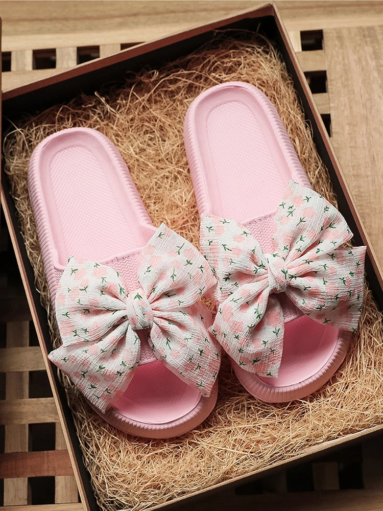 Pink Flower Bow Thick Slippers