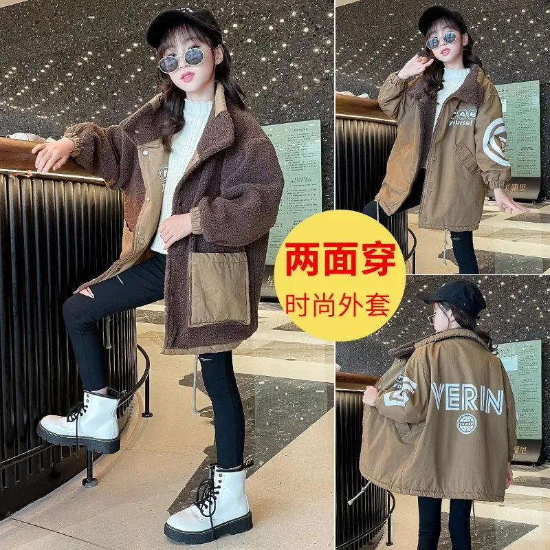 Girls Reversible Coat Winter New Fashion Loose Wool Sweater Kid Clothes for Teens Patchwork Lamb Velvet Thickened Warm Top 4-14Y