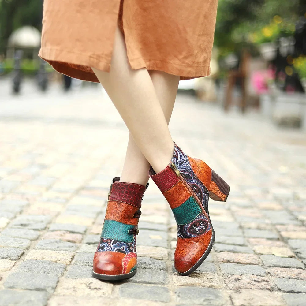 Printed Genuine Leather Ankle Boots