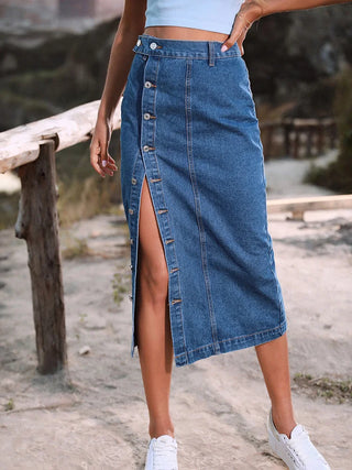 Long Button Streetwear Denim Skirt