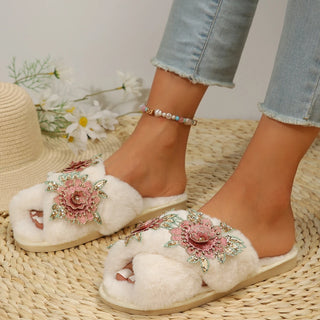 Warm Embroidered Non-Slip Indoor Slippers