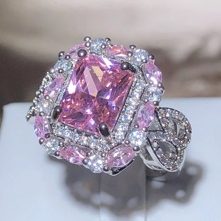 Anillo cuadrado de colección de circonitas rosas brillantes