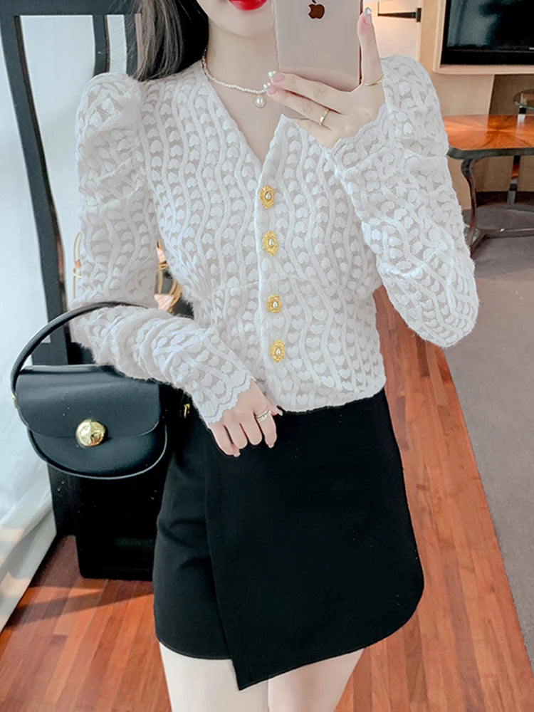 French V-neck Women Lace Shirt Korean Clothing Fashion Office Lady Crochet White Bottoming Solid Long Sleeve Chic