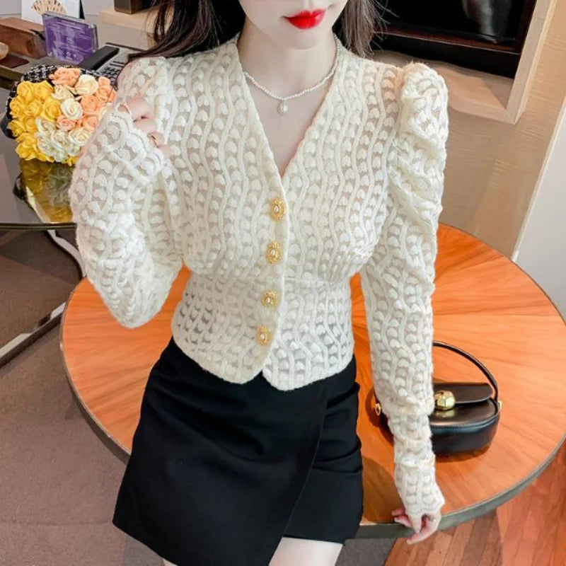 French V-neck Women Lace Shirt Korean Clothing Fashion Office Lady Crochet White Bottoming Solid Long Sleeve Chic Thicken Blouse