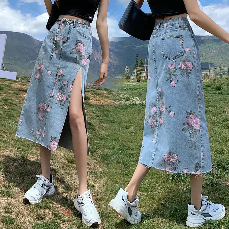 Flower Print Denim Skirt