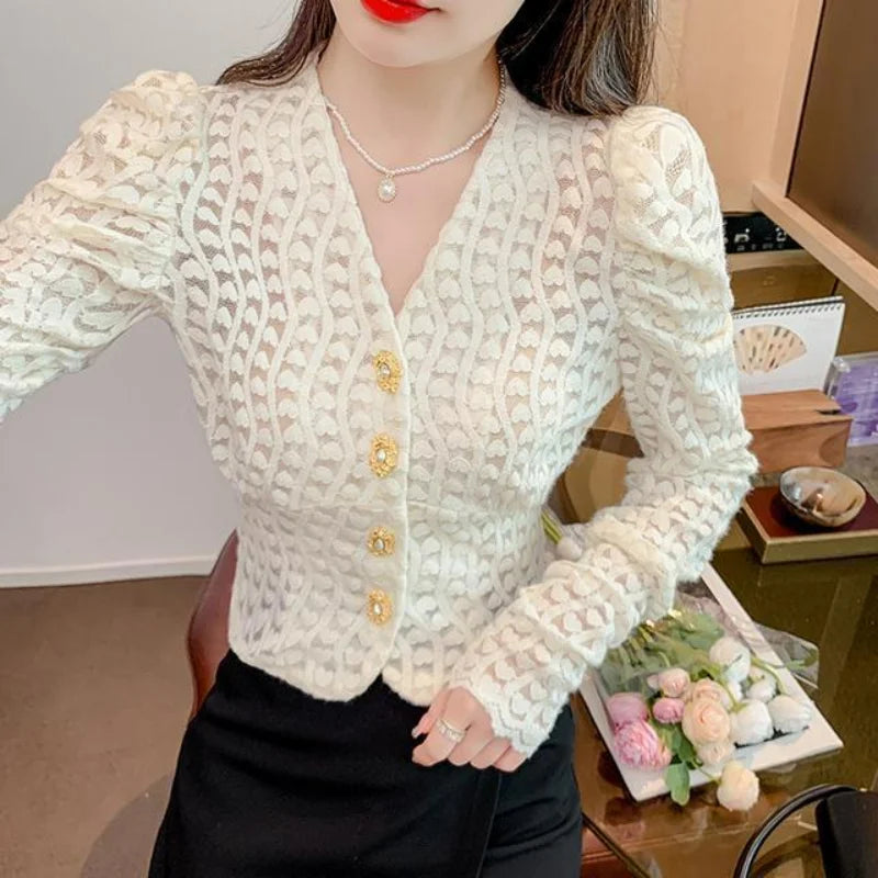 French V-neck Women Lace Shirt Korean Clothing Fashion Office Lady Crochet White Bottoming Solid Long Sleeve Chic Thicken Blouse