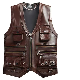 2023 Cowhide Genuine Leather Vest Men Waistcoat Male Sleeveless Jacket Thick Motorcycle Vest Multi Pocket leather biker vest