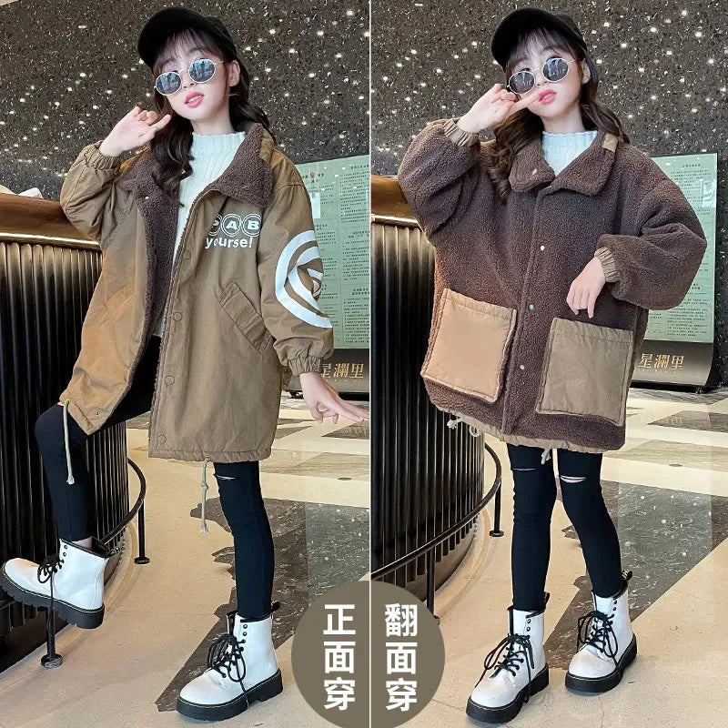 Girls Reversible Coat Winter New Fashion Loose Wool Sweater Kid Clothes for Teens Patchwork Lamb Velvet Thickened Warm Top 4-14Y