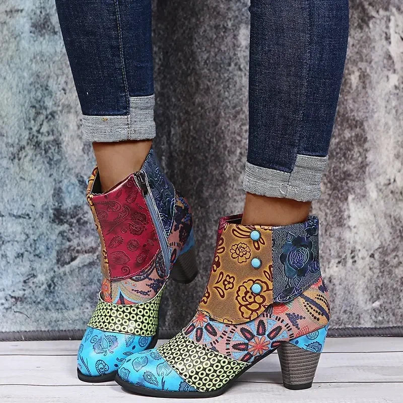 Vintage Printed Leather Ankle Boots