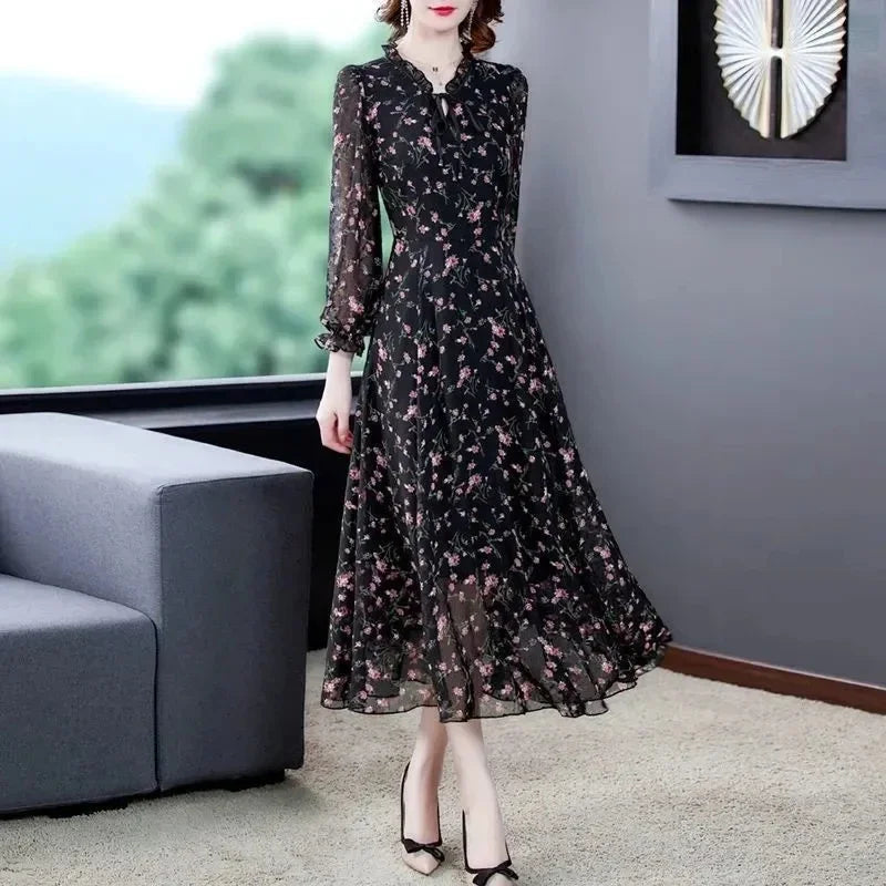 Elegant Floral Chiffon Midi Dress