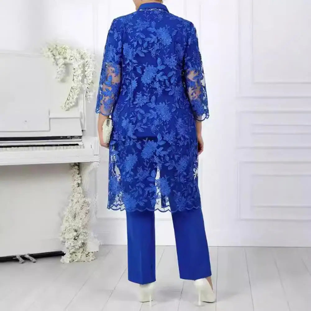 Floral Embroidery Coat Set Mid-aged Women Clothes Elegant Lace Floral Embroidery Suit for Women Top Coat Wide Leg Trousers