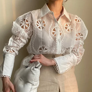 Vintage Embroidery Floral White Blouse