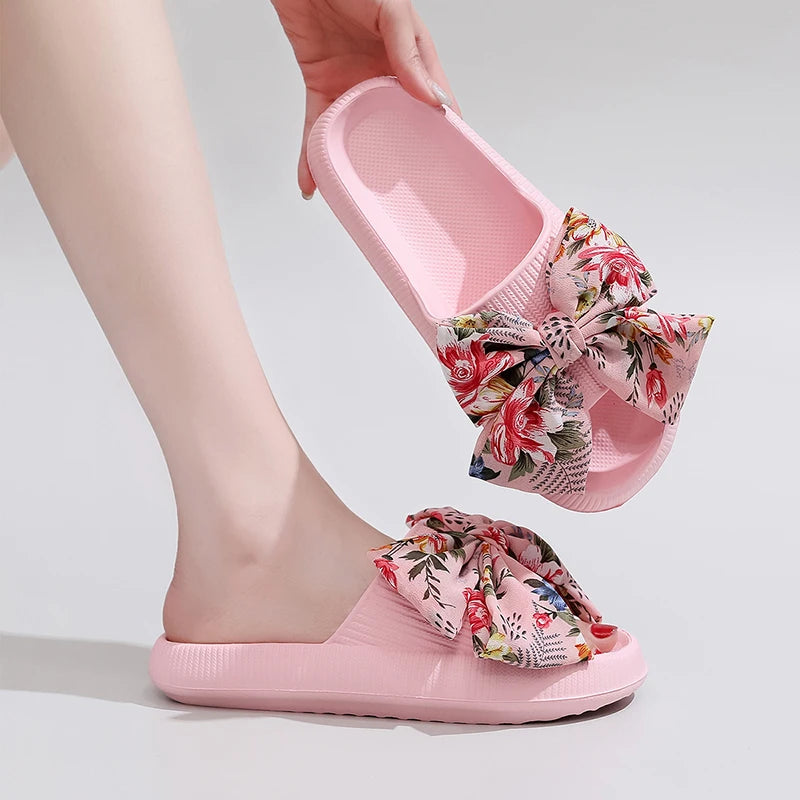 Handmade Pink Flower Bow Slippers