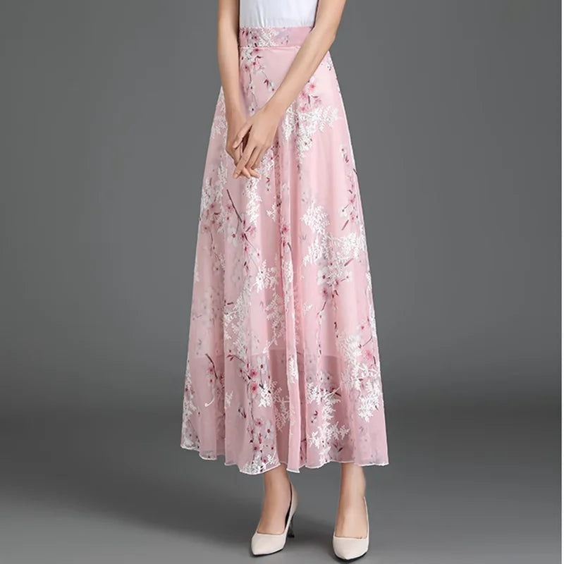 Elegant Floral Chiffon Long Skirt