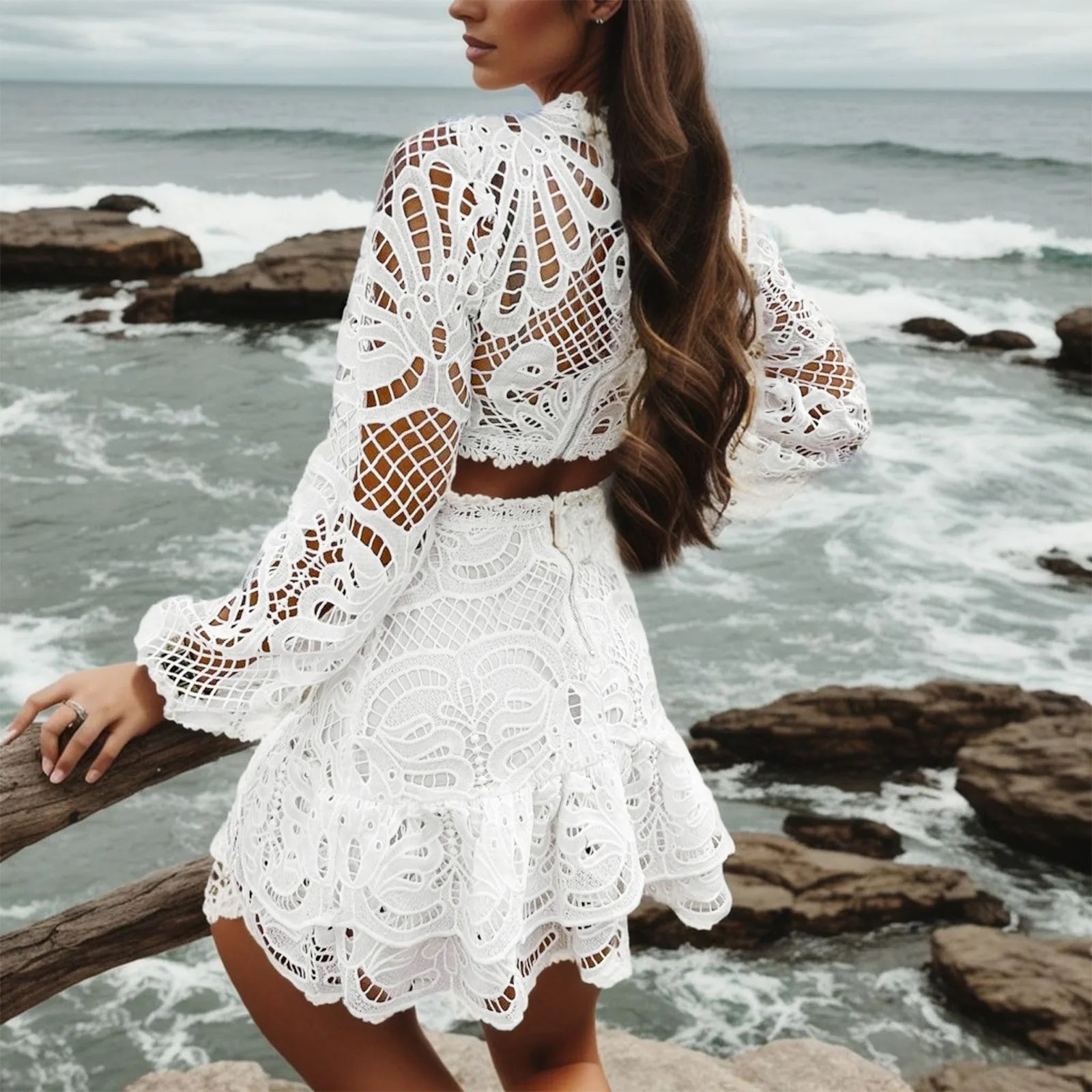 Fashion Women's Shorts Set Long Sleeve Top Suit Shorts Two Piece Set Basic Top & Shorts Set Hollow Lace Fashion Embroidery Set