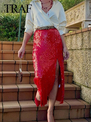 Elegant High Waist Sequined Skirt